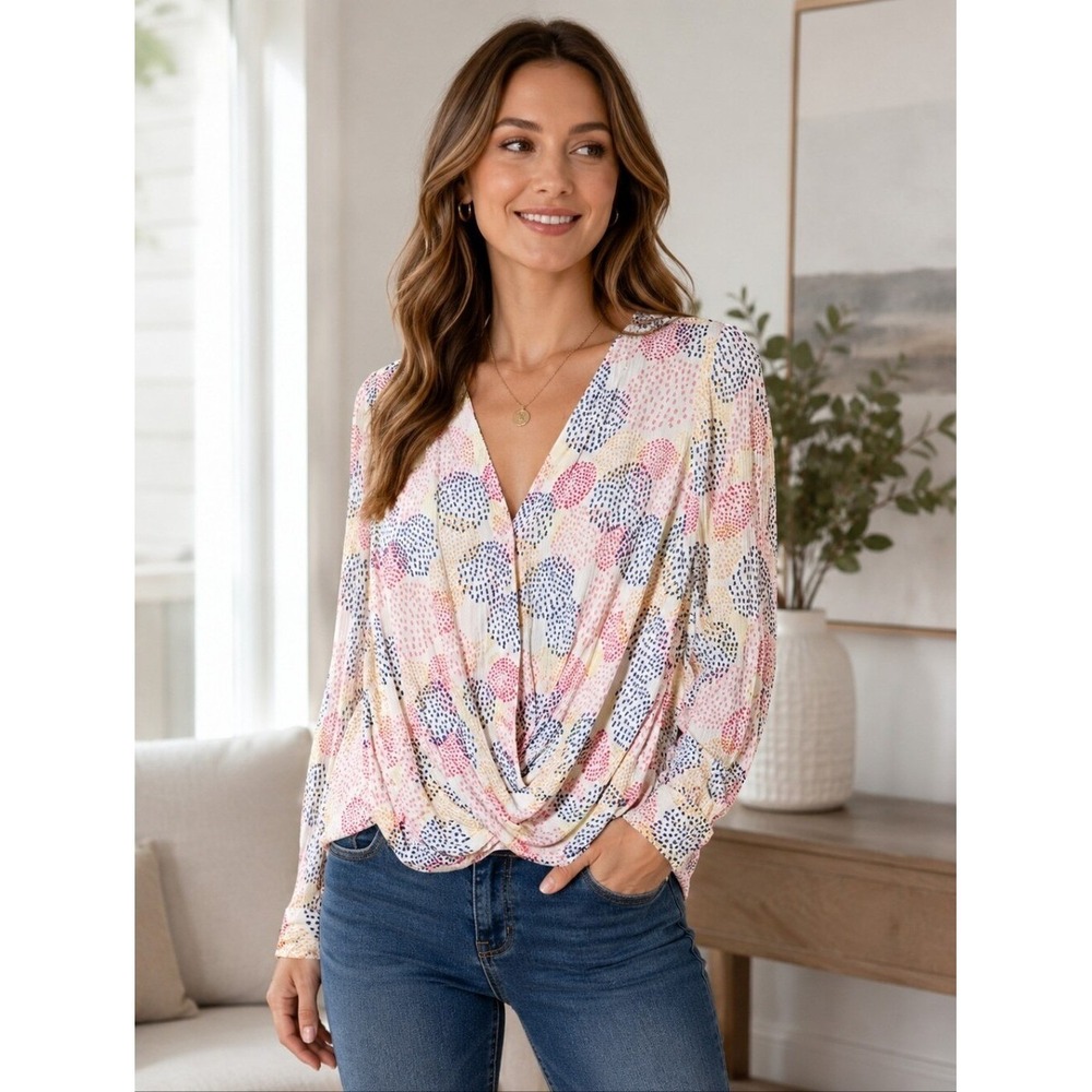 Ana A New Approach Top Womens X-Small Multicolor Long Sleeve Twist Waist